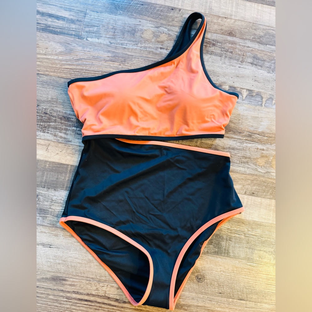 Victoria's Secret One-Shoulder Burnt Orange and Black Swimsuit
